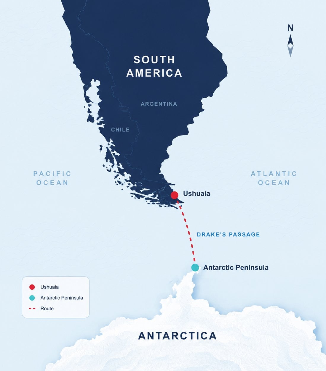 Map of the route from South America across the Drake Passage to the Antarctic Peninsula