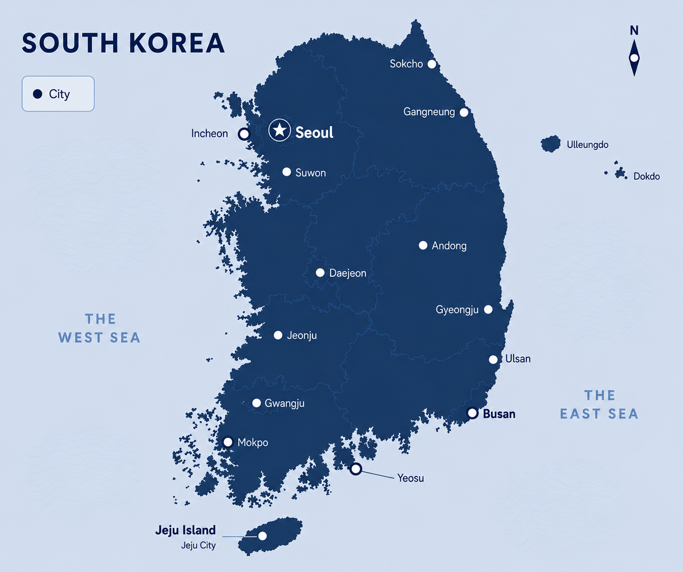 Map of South Korea showing key tour destinations including Seoul, Busan, Gyeongju, Andong and Jeju Island, with Ulleungdo, the East Sea and the West Sea