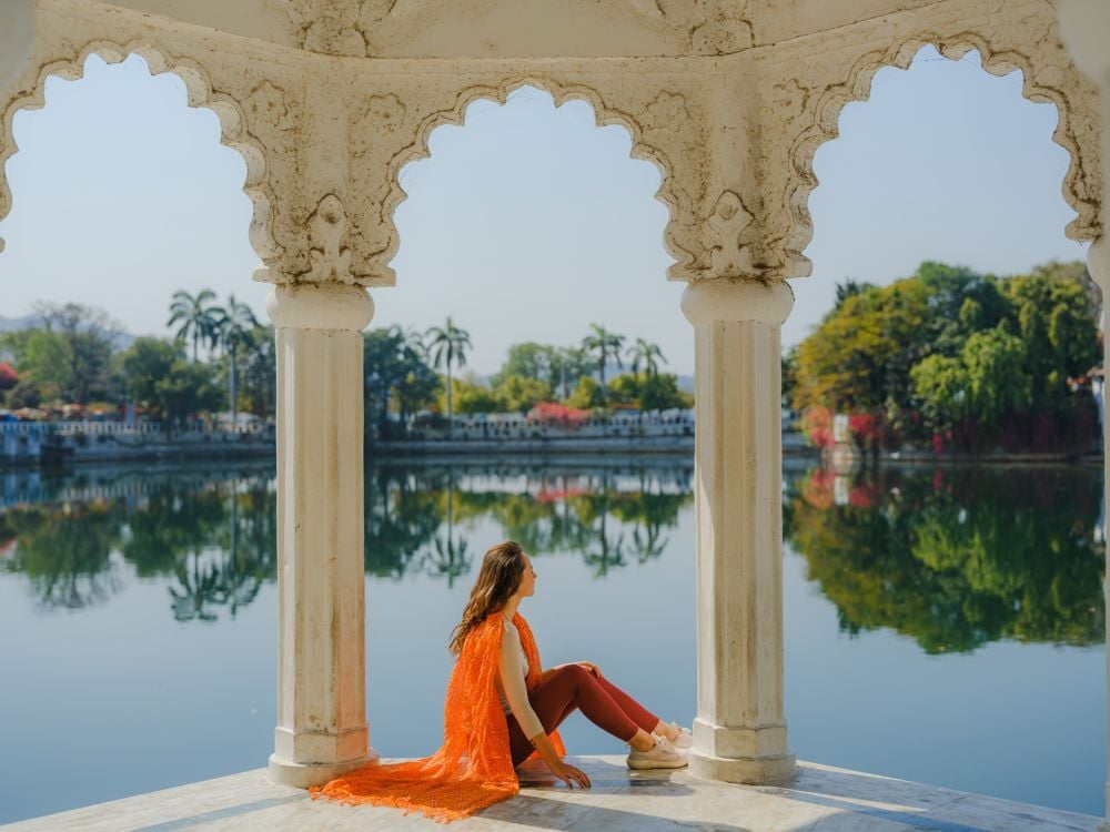 Lakeside pavilion arches in Rajasthan