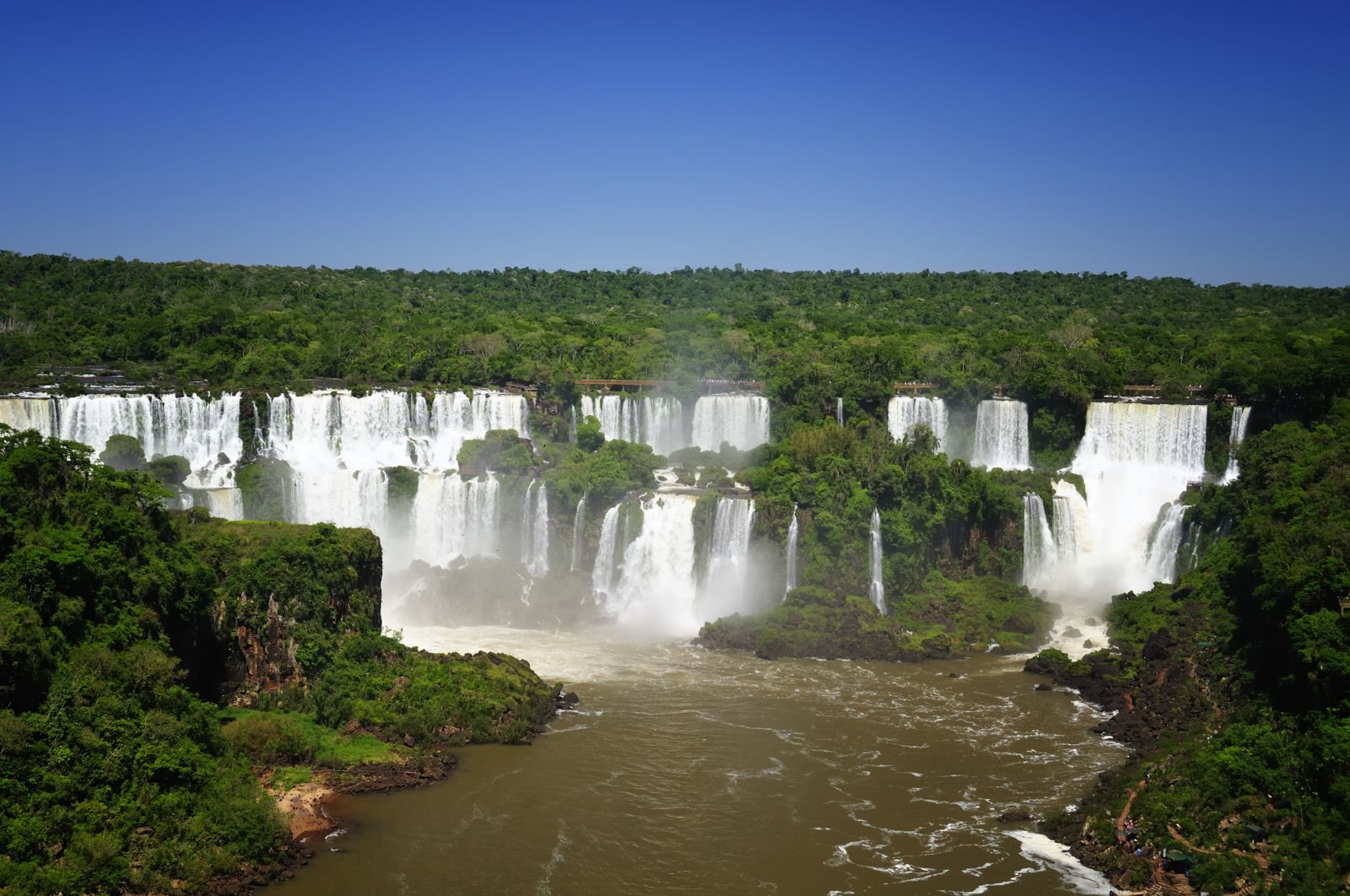 The full sweep of Iguazu Falls through the rainforest