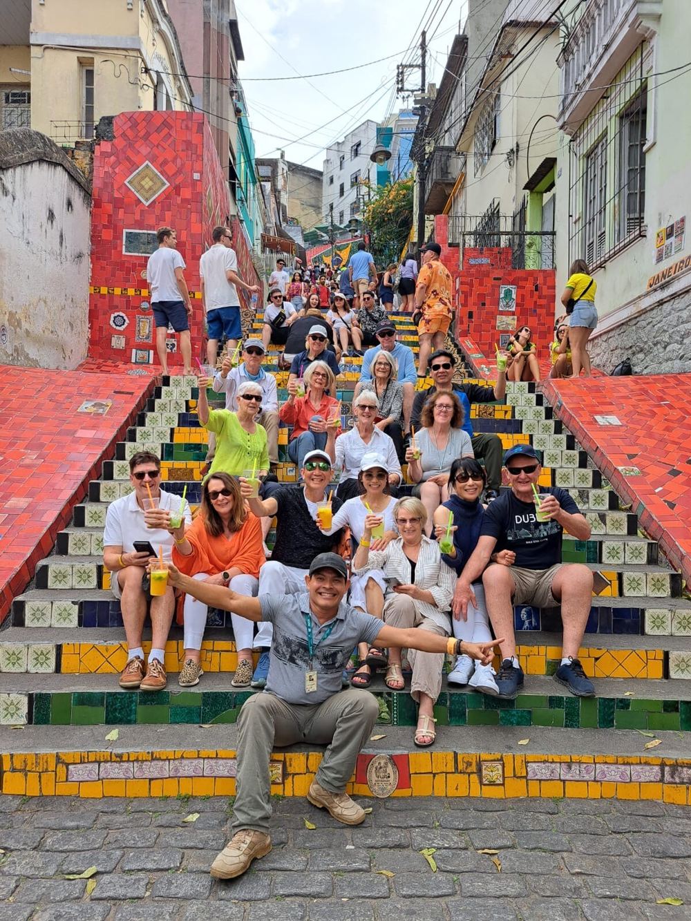An Inspiring Vacations group with caipirinhas on the Selaron Steps in Rio