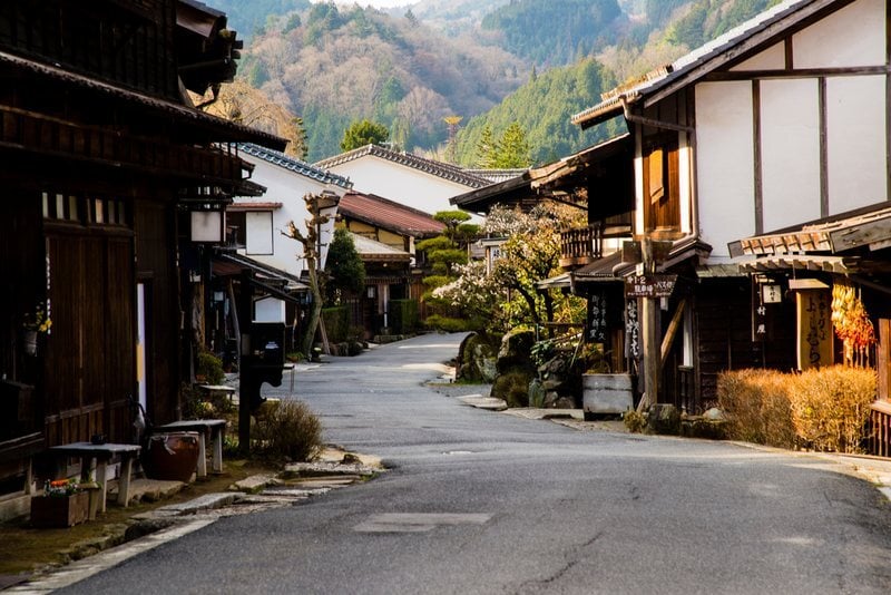 Stone-paved street in Tsumago, an Edo-era post town on the Nakasendō trail