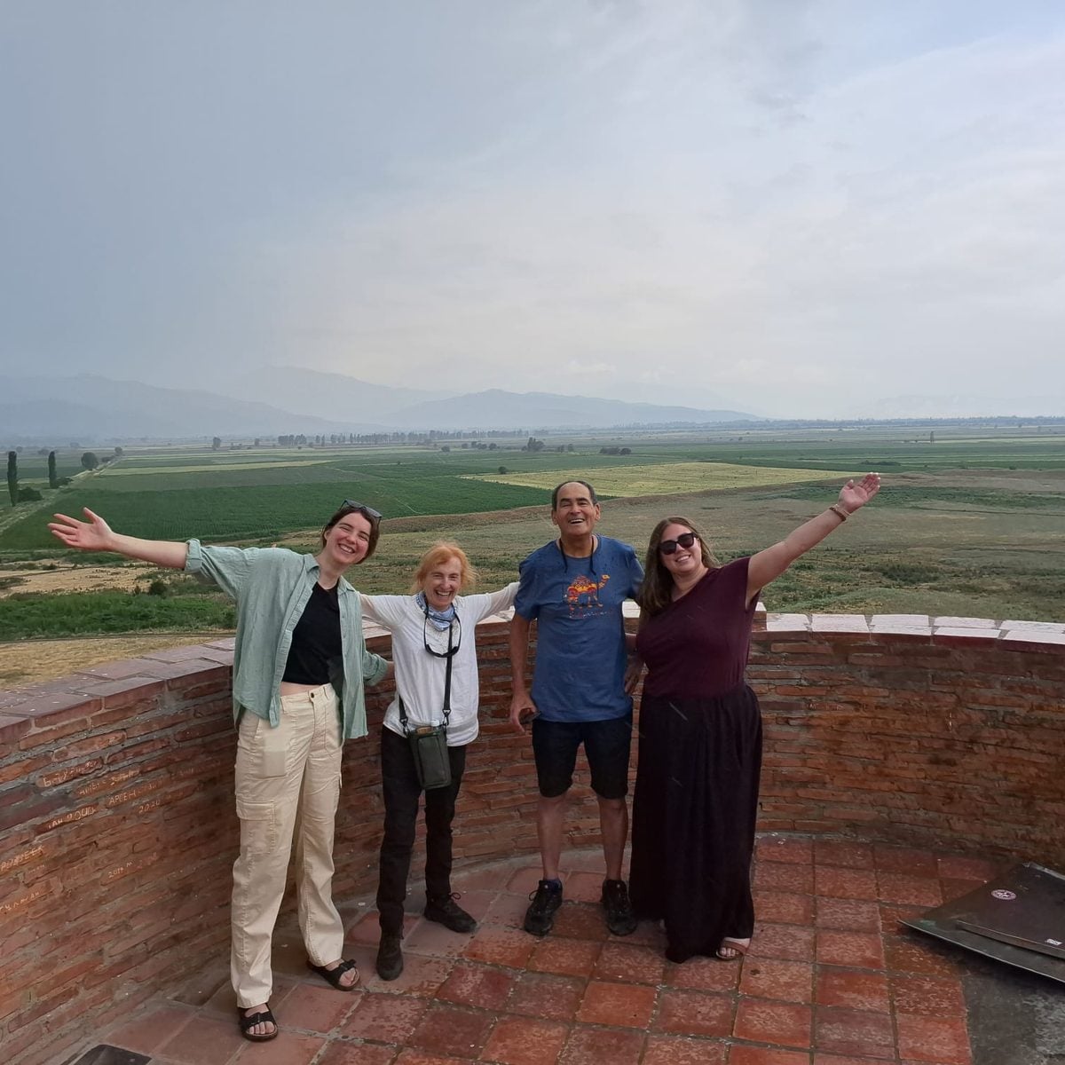 Travellers atop the Burana Tower in the Chuy Valley, Kyrgyzstan