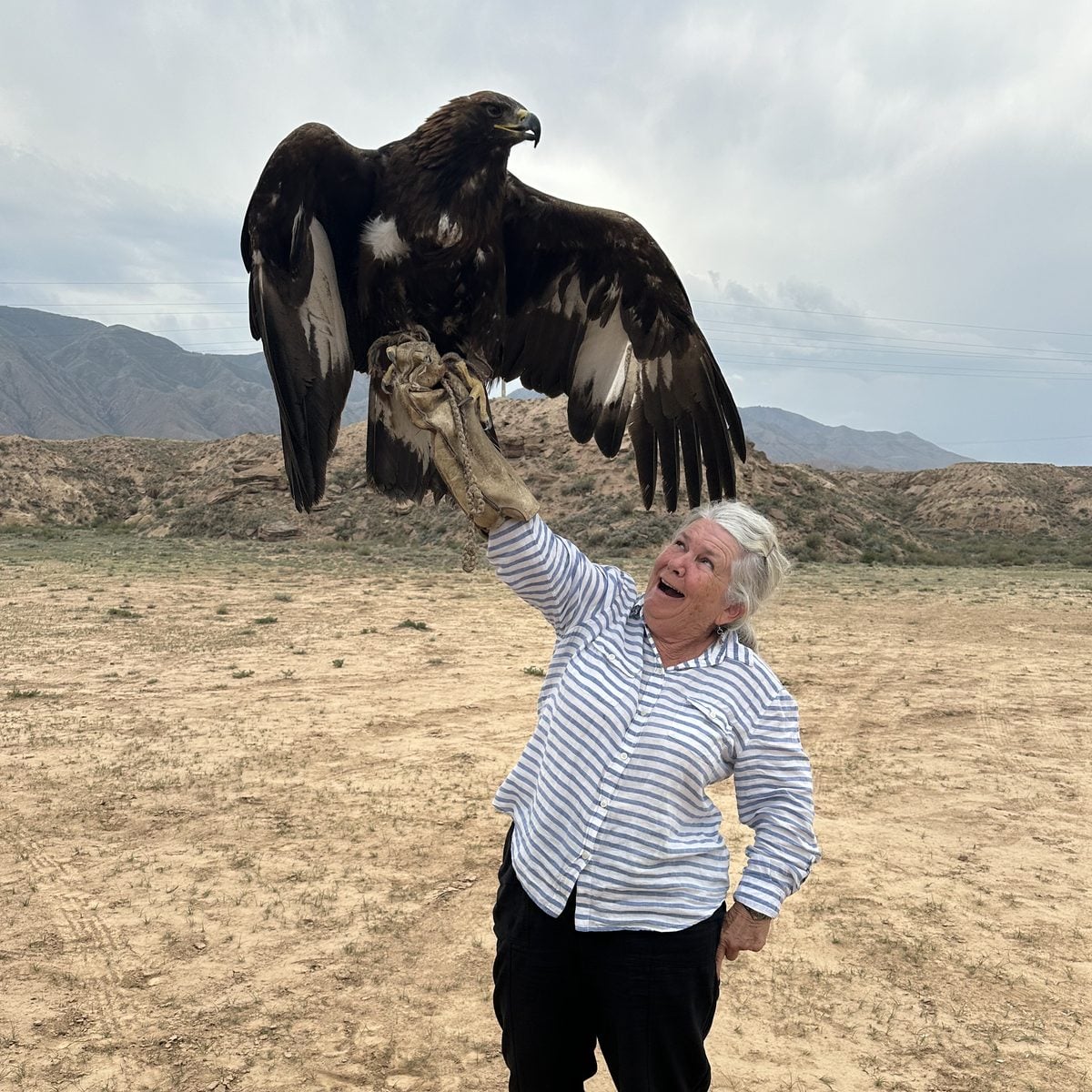 A traveller holding a golden eagle near Bokonbayevo, Kyrgyzstan